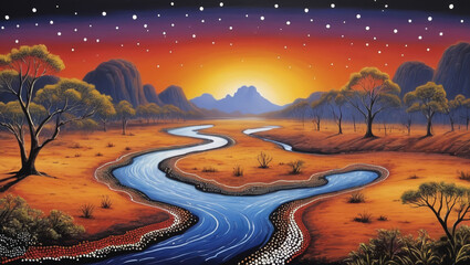 Australian Aboriginal dot painting style art landscape with river