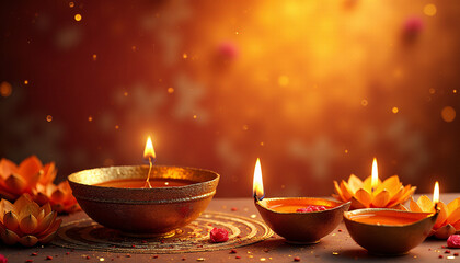 Obraz premium Decorative Janmashtami background with golden diya and intricate lotus patterns