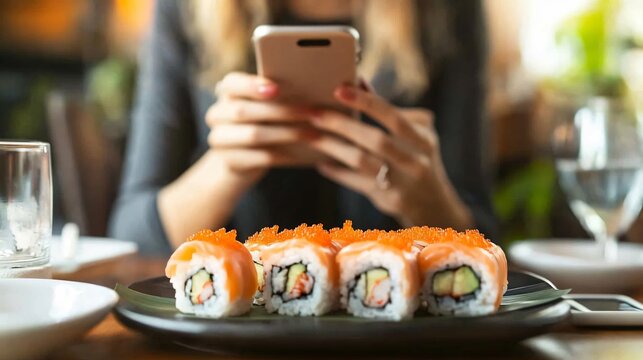 Professional Woman Using Mobile Phone while Enjoying Sushi Rolls at Table - Powered by Adobe