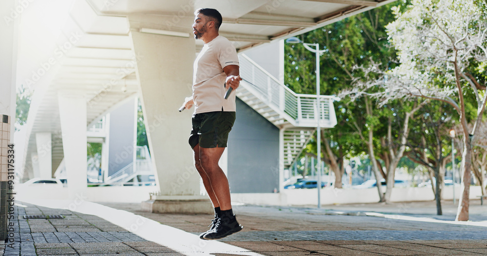 Poster Fitness, man and skipping rope in city with exercise for warm up, physical activity and cardio workout. Athlete, person and jumping outdoor for morning challenge, performance or competition in nature