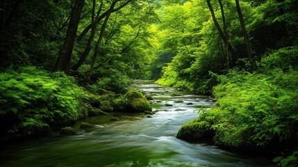 Obraz premium Serene River Flowing Through Lush Green Forest