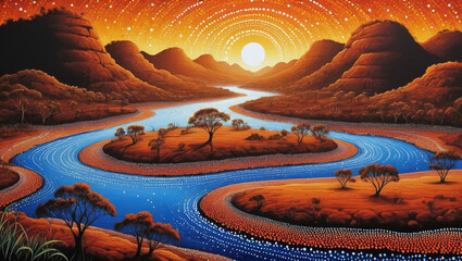 Australian Aboriginal dot painting style art landscape with river