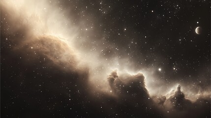 Misty cosmic scene with dark clouds and scattered stars in deep space.