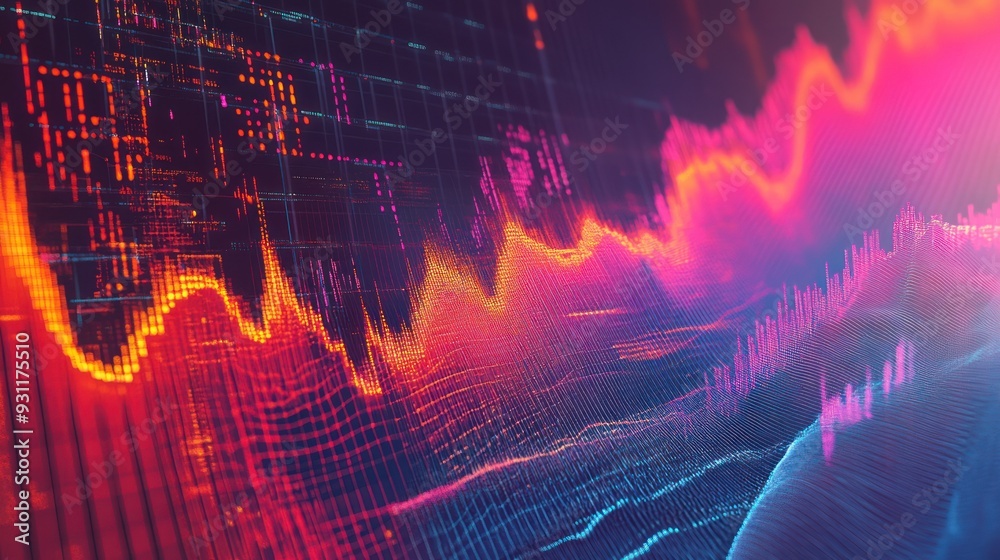 Poster Abstract Digital Data Visualization with Wavy Lines and Red and Blue Hues