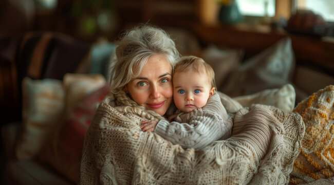 A grandmother with a baby, created with the help of generative AI technology.