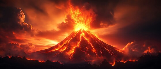 A powerful volcanic eruption with glowing lava streams and explosive ash clouds capturing nature's raw, fiery intensity at dusk.