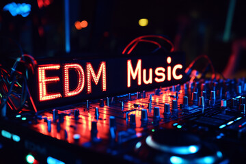  Close-up of a DJ mixer with bright neon “EDM Music” sign in a dark, vibrant club setting. This image captures the energy of electronic dance music, perfect for promoting nightlife, music events, and 