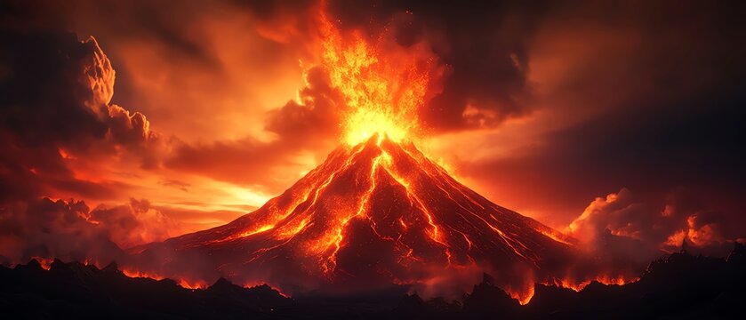 A powerful volcanic eruption with glowing lava streams and explosive ash clouds capturing nature's raw, fiery intensity at dusk.