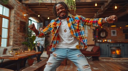 Fototapeta premium A joyful man dancing in a cozy, rustic café during daylight hours
