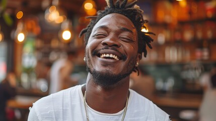 Fototapeta premium Young man smiling joyfully in a vibrant café filled with warm lighting and people enjoying their time