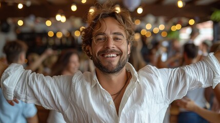 Fototapeta premium Joyful man dancing in a lively celebration at a festive indoor venue during a summer evening