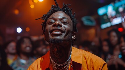 Artist performing joyfully at a vibrant nightclub surrounded by an enthusiastic crowd in the evening