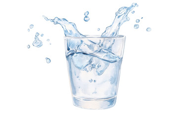 watercolor illustration of splash of water in a clear glass, isolated on a white background.