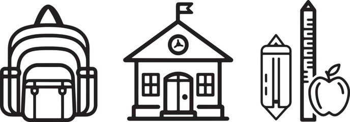 Naklejka premium A minimalist vector icon set featuring a school building, backpack, ruler, and apple