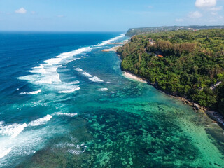 Aerial view of Tanah Barak beach, A must-visit viral hidden gem tourist destinantion in South Kuta, Bali, Indonesia