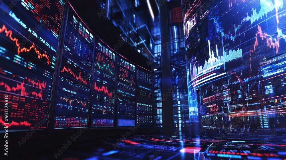 Poster wall of monitors displaying financial data in a dark room