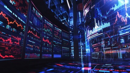 Wall of Monitors Displaying Financial Data in a Dark Room