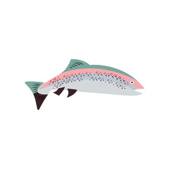 Vector illustration of fresh trout or rainbow trout freshwater fish on white. For menu, label, recipe, product packaging. Freshwater food element. Action promotion and advertising. Caviar. EPS 10