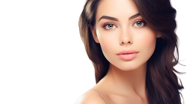 Closeup portrait of a young girl with clear skin on a transparent background.