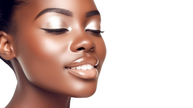 Portrait of glamourous and sensual elegant black woman on transparent background. 
