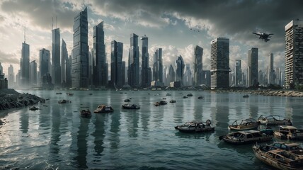 A scene of a futuristic city struggling with the effects of climate change. The skyline is dominated by towering buildings, many of which are partially submerged due to rising sea levels. 