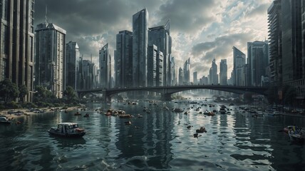 Obraz premium A scene of a futuristic city struggling with the effects of climate change. The skyline is dominated by towering buildings, many of which are partially submerged due to rising sea levels. 