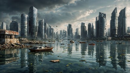 Fototapeta premium A scene of a futuristic city struggling with the effects of climate change. The skyline is dominated by towering buildings, many of which are partially submerged due to rising sea levels. 