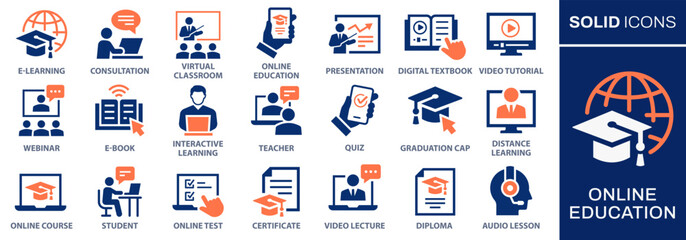 Online, education icon set. Collection of audio lesson, video tutorial, interactive learning and more. Vector illustration. Easily changes to any color.