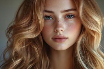 Fototapeta premium Portrait of a woman with golden blonde hair and natural freckles