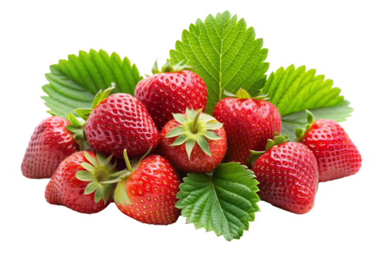 High-Resolution Ripe Strawberries with Leaves on Transparent Background for Food Design
