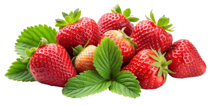 High-Resolution Ripe Strawberries with Leaves on Transparent Background for Food Design
