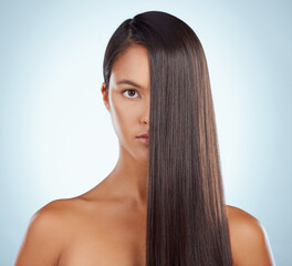Fototapeta premium Hair care, studio and portrait of woman with straight hairstyle, luxury color treatment and confidence in salon. Keratin, strong haircut and face of Brazilian model girl isolated on white background
