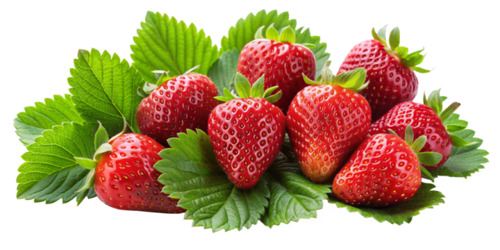 High-Resolution Ripe Strawberries with Leaves on Transparent Background for Food Design
