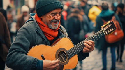 Obraz premium A street musician passionately playing his guitar, surrounded by an appreciative