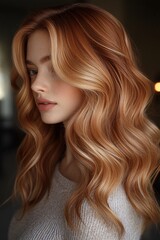 Naklejka premium Portrait of a woman with voluminous auburn hair and natural freckles