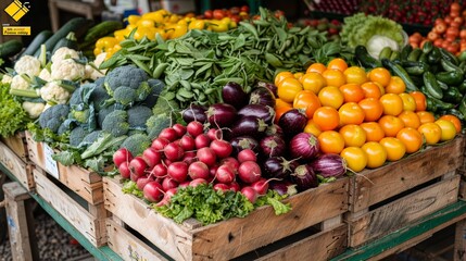 Fresh vegetables and fruits arranged in wooden crates at an outdoor market during daylight