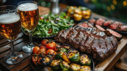 A perfectly paired meal of steak and craft beer, set on a wooden dining table.