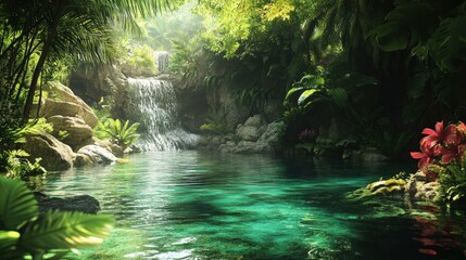 Explore the tranquil beauty of a hidden lagoon, where clear waters and surrounding flora create a secluded