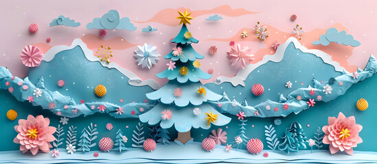 Cheerful Paper Family Trimming Festive Christmas Tree in Snowy Landscape