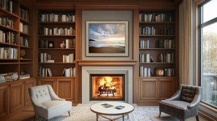 Cozy Library with Fireplace, Bookcases, and Two Chairs