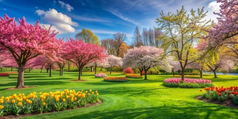 Obraz premium Beautiful spring day at the park with colorful flowers, green grass, and blooming trees, spring, park, flowers, green, grass