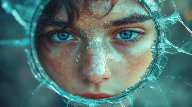 A person looking into a broken mirror, symbolizing fractured self-image and emotional distress.