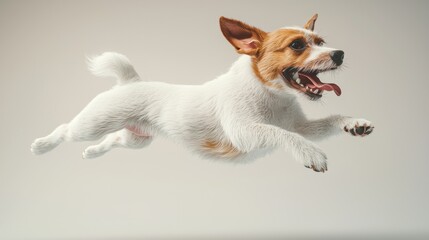 Obraz premium A playful dog leaps joyfully in mid-air, showcasing its energy and spirit against a clean background, embodying fun and happiness.