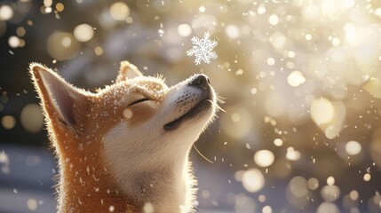 A serene dog enjoying snowfall, capturing the peaceful moment in a winter wonderland filled with magical snowflakes.