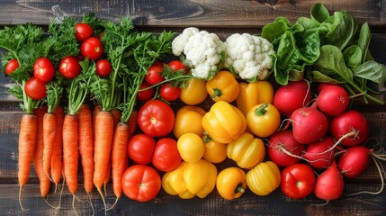 Freshly harvested vegetables including tomatoes, carrots, cauliflower, bell peppers, and radishes arranged on a wooden surface