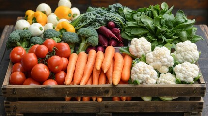 Freshly harvested vegetables arranged in a wooden crate at a market in autumn