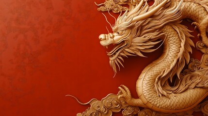 Fototapeta premium Majestic Chinese Dragon in Red, Gold, and Dark Blue Celebrating the Year of the Dragon 2024 with Traditional Elements in a Festive New Year Poster Design