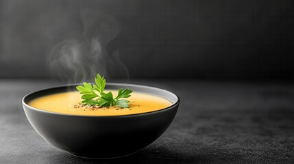 A warm bowl of creamy soup garnished with fresh herbs, exuding steam against a dark background for a cozy culinary feel.