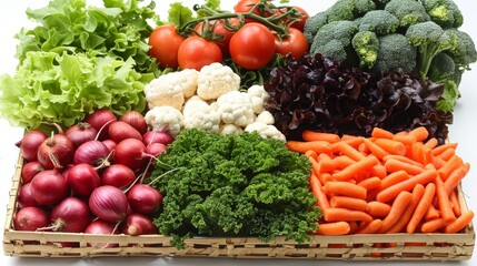 Fresh harvest of assorted vegetables including broccoli, tomatoes, lettuce, and carrots arranged in a basket on a bright background