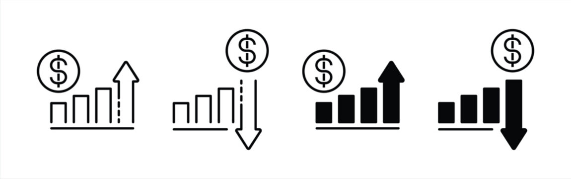 money increase icon set. increase and decrease money icon. vector illustration